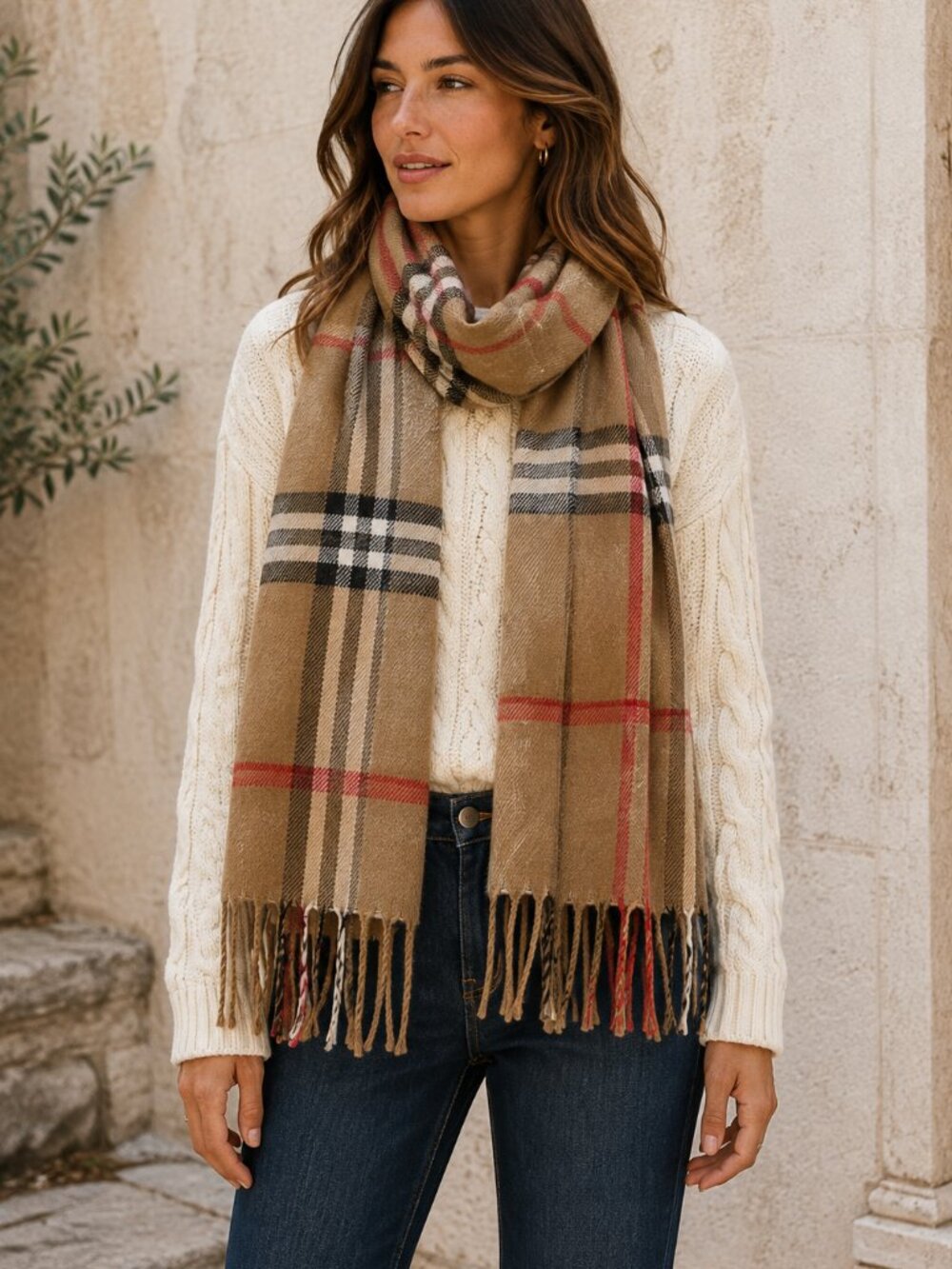 Cejon Scarf Brown Plaid Tartan Fringe Italy Preppy Equestrian Winter Classic